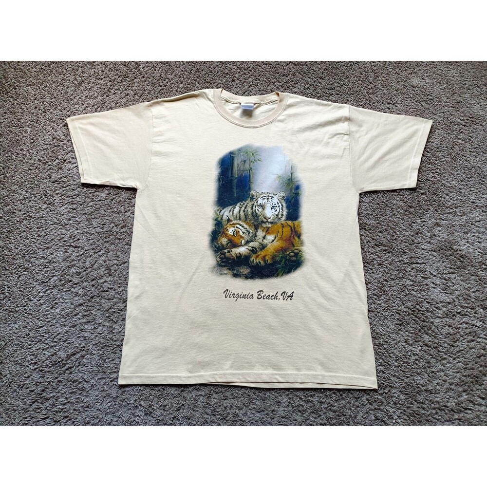 Vintage Tiger Virginia Beach Zoo T-Shirt Men's Large Graphic Print Yellow Shirt